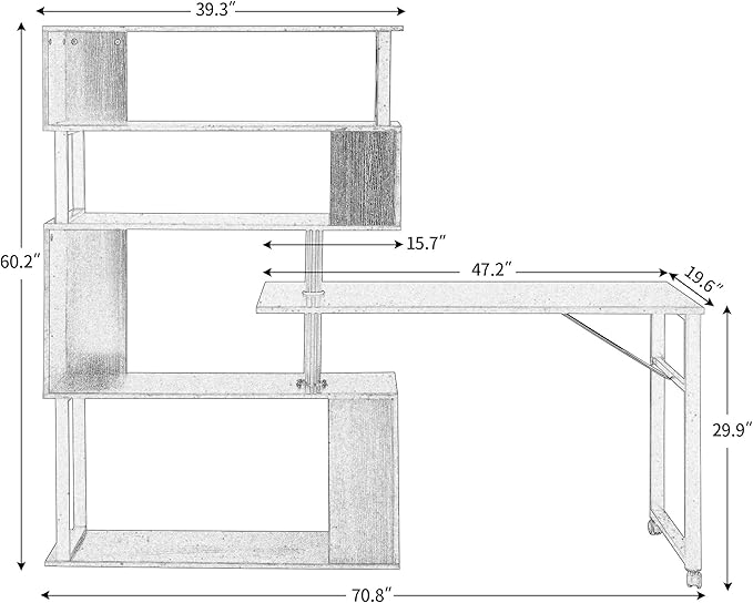 Home Office Computer Desk L Shaped Corner Table Rotating Computer Table with 5 Tier Bookshelf Four Installation Methods Lockable Casters (Tiger)