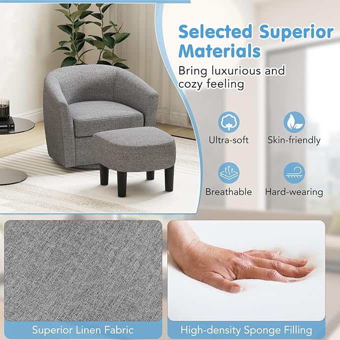 Swivel Chair with Ottoman Modern Barrel Accent Chairs with Removable Seat Cushion Comfy Single Sofa Lounge Armchair Upholstered Round Club Reading Chair for Living Room Bedroom Office