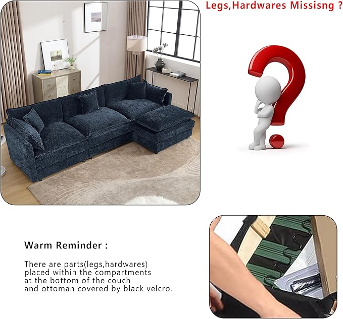 Setawix Deep 3 Seater Couch with Ottoman112.2 L-Shaped Cloud Couches for Living RoomChenille Cloud Sofa Couch with Deep SeatModular Sectional L Shape 3 Seat Sofa for Bedroom. (Blue 3+1)