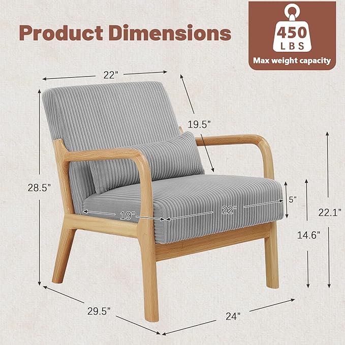 Accent Chair Mid-Century Modern Armchair with Waist Cushion Fabric Lounge Reading Chair with Wood Frame Comfy Single Sitting Seat for Living Room Bedroom Balcony up to 450lbs Gray