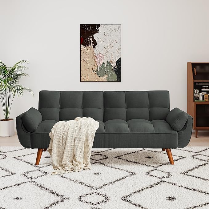 75 Convertible Futon Sofa Bed Sleeper Couch Bed with Adjustable Backrest Small Couches for Small Spaces Living Room Bedroom and Office (Dark Gray)