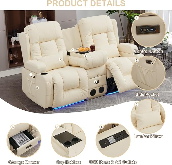 TUNYI Power Loveseat Recliner Sofa with Massage &amp Heat Home Theater Seating with Console RV Recliner Loveseat Sofa with USB/Storage/Side Pocket/LED Light/Speaker (Cream White Loveseat)