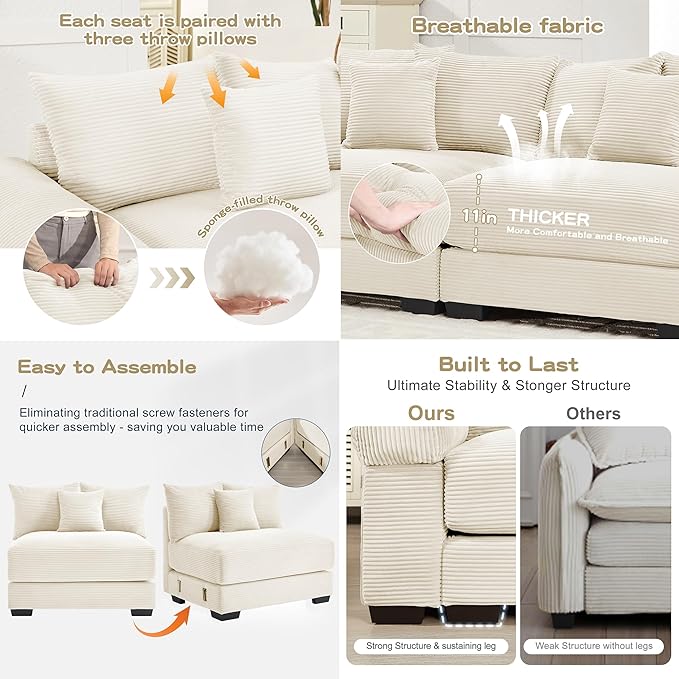 Cloud Couch Modular Sectional Sofa Oversized Convertible Sofa Sectional Couches for Living Room Comfy Corduroy Upholstery Couch Deep Seat Extra-Wide Armrests Couches Beige
