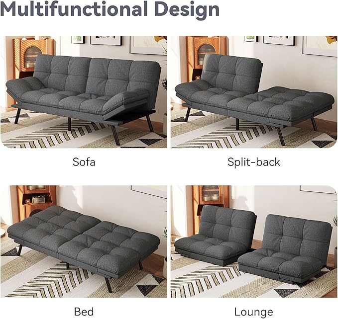 Vyfipt Convertible Futon Sofa Bed 71 Memory Foam Futon Couch with DetachableAdjustable BackrestLinen Fabric Folding Small Loveseat Sleeper for for Living RoomRVOfficeApartmentLight Grey