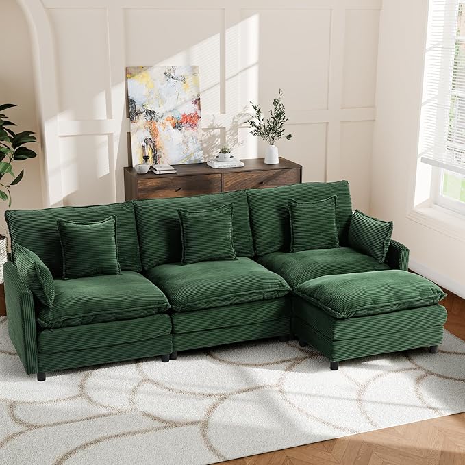 113'' L Shaped Cloud Couch 4-Seater Modular Sectional Sofa with Double Layer Upholstered Seat Cushion Corduroy Deep Seat Couches with Ottoman &amp Pillows for Living Room &amp Apartment Green