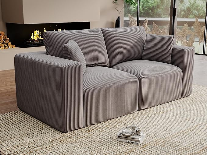 Modular Loveseat Couch Cloud Couches for Living Room - 79 Boneless Sofa - No Assembly Required Cozy Corduroy Convertible Full Sponge Compression Sofas for House Apartment(Grey)