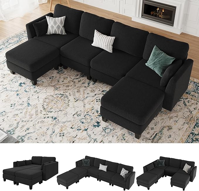 Modular Sectional Sofa Comfy Cloud Couch Sectionals Convertible Modular Couch with High Density Memory Foam 6 Seat U Shaped Sectional Couches for Living Room Washable Cover Black | Comfortable C