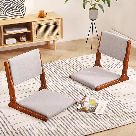 Tiita Floor Chair with Back Support Foldable Meditation Tatami Chairs Backrest Chair with Cushion Living Room Chair Seat 2 Pack Walnut Grey