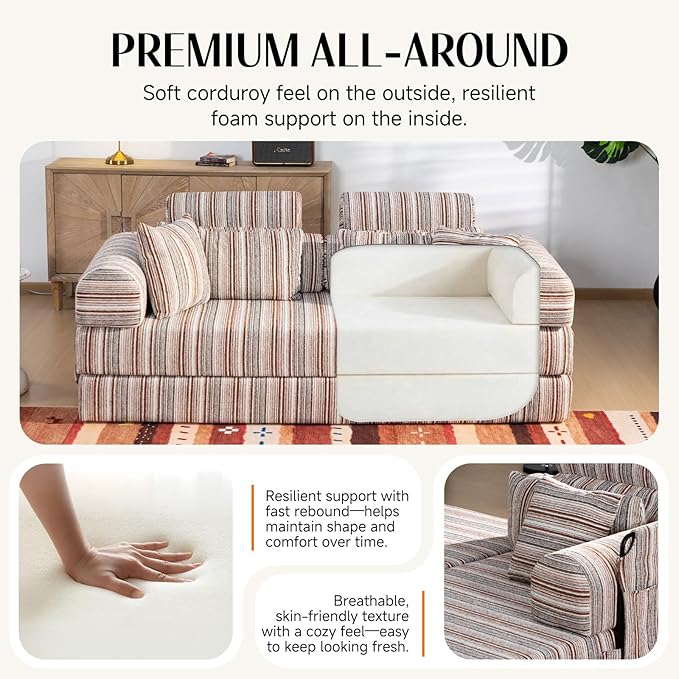 79 Corduroy Sofa Bed Sleeper Couch 6-in-1 Convertible Boneless Floor Futon Loveseat High-Density Foam Couch in a Box with 2 Headrest Pillows No Assembly Red and White