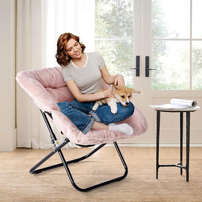 Comfy Saucer Chair Faux Fur Disc Chair Foldable Lounge Lazy Chairs for Living Room Bedroom Dorm Reading Chair for Kids Adults Girls Teens Pink