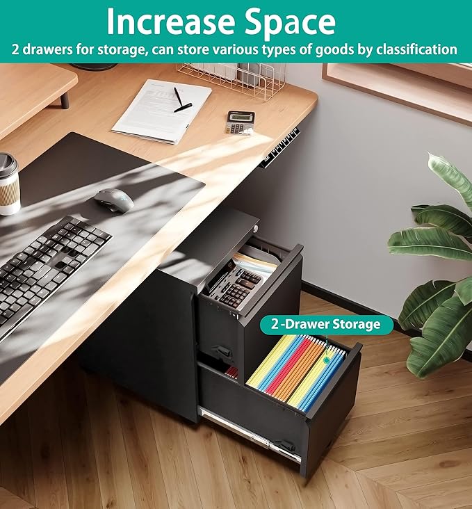 SISESOL 2 Drawer File Cabinet on WheelsMetal Filing Cabinet with LockBlack Rolling File Cabinets with CastersUnder Desk Office Cabinets for Home OfficeFit A4/Letter/LegalEasy Assembly