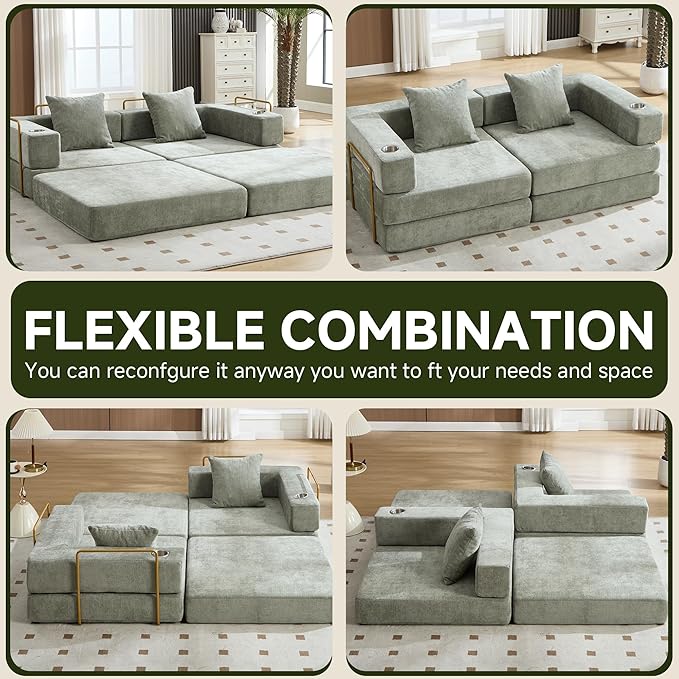 Convertible Sleeper Sofa Bed – 77'' 3-Seater Futon Couch with Corduroy Upholstery Pull-Out Floor Bed High-Density Foam No Assembly Perfect for Living Room Bedroom Apartment Studio (Green)