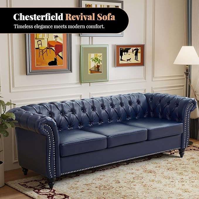 LEVNARY Chesterfield Sofa 3 Seater Tufted Couch for Living Room Classic Button Tufted Upholstered Sofa Modern Mid-Century PU Leather Sofa (Blue)