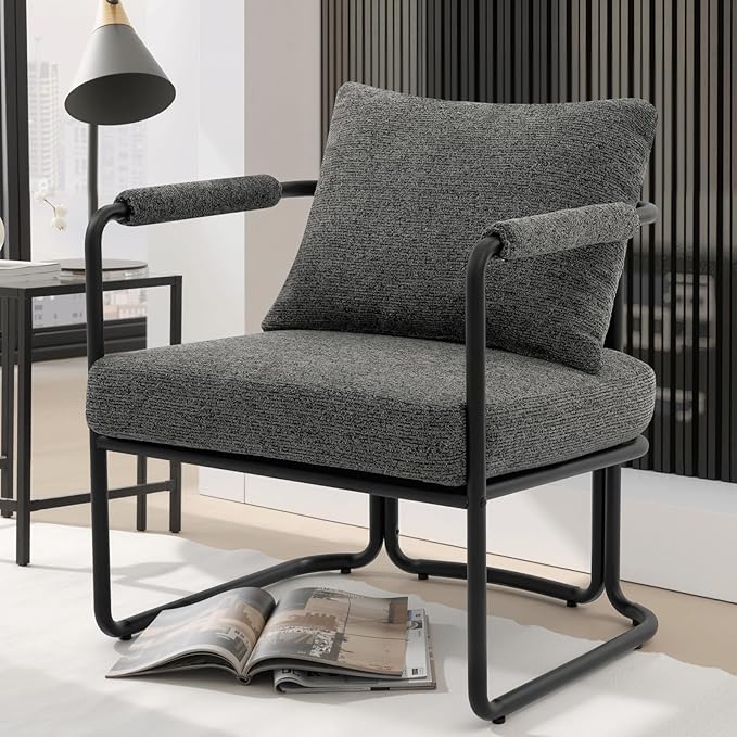 Single Accent Chair for Living Room Mid Century Modern Upholstered Reading Armchair for Bedroom Office with Comfy Chenille Cushion &amp Metal Frame Dark Grey