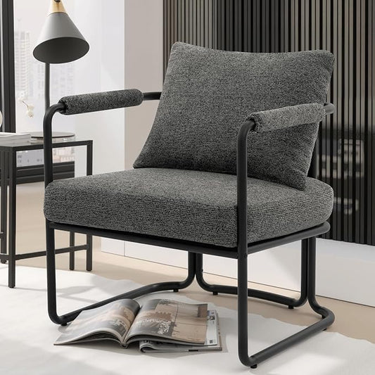 Single Accent Chair for Living Room Mid Century Modern Upholstered Reading Armchair for Bedroom Office with Comfy Chenille Cushion &amp Metal Frame Dark Grey