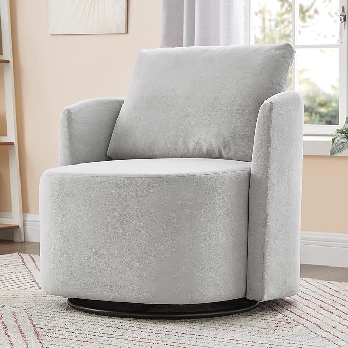 360° Swivel Chair Modern 29.9 Accent Barrel Armchair Single Sofa Armchair with Curved Design and Side Pockets Upholstered Swivel Sofa Chair for Living Room Bedroom Office and Hotel (Grey/437)