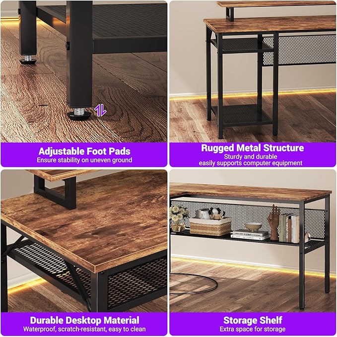 Cyclysio Reversible L Shaped Computer Desk with LED Lights &amp Power Outlets Office Corner Desk with Shelves &amp Monitor Stand Home Office Desk Gaming Table with Unique Grid Design (Rustic Brown