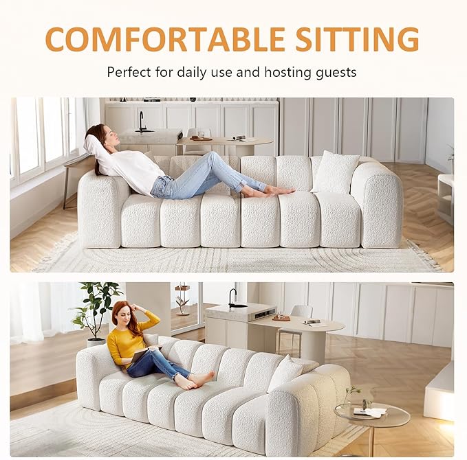 96 Modular Sectional SofaModern Boneless Cloud Couch with Deep SeatUpholstered 4-Seater Sofa Chenille Boucle Couches for Living Room Wide Seat Cozy Loveseat with Armrest (White 96-INCH)