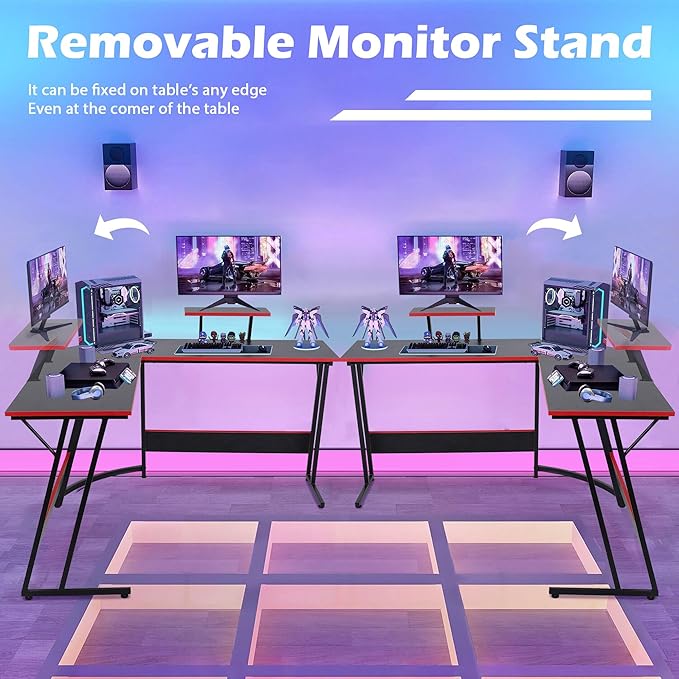 L Shaped Gaming Desk Modern Computer Desk Home Office Desks with Large Monitor Riser Stand Sturdy PC Desk for Bedroom Minimalist Black 50Inch