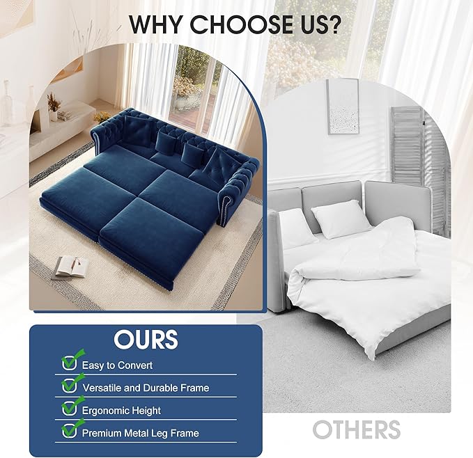 Oversized Sleeper Sofa Couch 89 Convertible Sleeper Sofa Bed for Living Room Bedroom Classic 3-in-1 Pullout Couch Bed with Movable Ottoman (Blue with Ottoman)