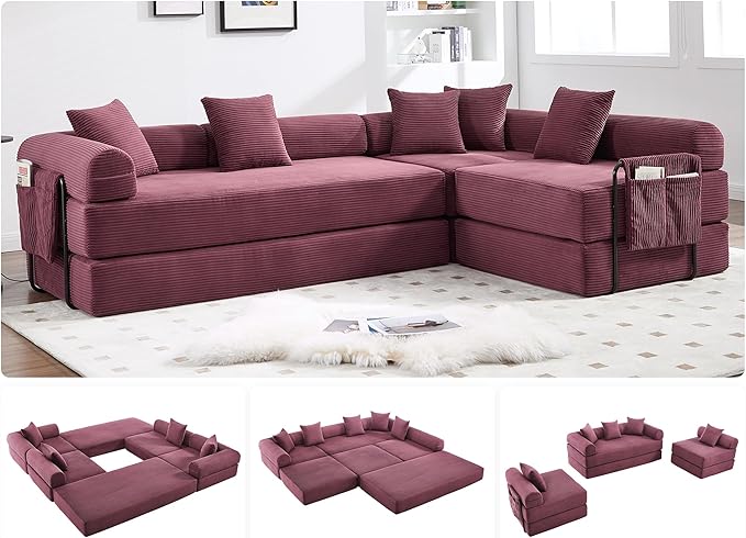 10-in-1 Folding Convertible Sofa Bed 141 Inch Boneless Couch with Fixed-Shape Frame Corduroy Modular Sectional Sofa Mattress Sleeper Sofa Floor Sofa Futon Couch for Living Room (Wine Red)