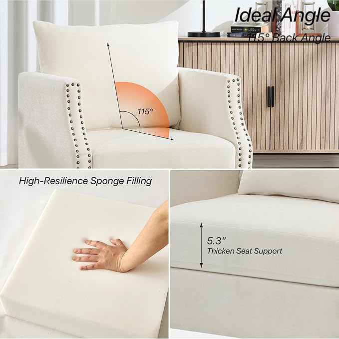 ABET Linen Accent Chairs Set of 2 Mid-Century Modern Reading Armchair with Removable Lumbar Pillow Upholstered Side Sofa Chair for Living Room Bedroom Beige