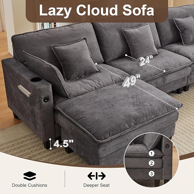 152 Modular Sectional Couches for Living Room U Shaped Cloud Couch with Ottoman Chenille Deep Seat Sofa Cloud Sectional Couch with Charging Station Cup Holder Side Pocket Grey