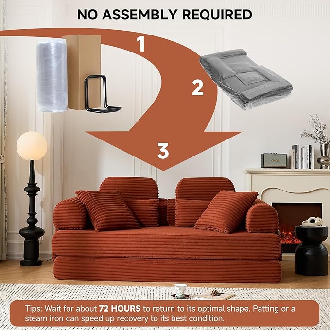 79 Sofa Bed Deep Seat 32 Sleeper Sofa 5-in-1 Convertible Sofa Bed Boneless Couch in a Box Corduroy Floor Futon with Thickened backrest and Headrest Pillows Side Pockets Orange | 32 Deep Seat