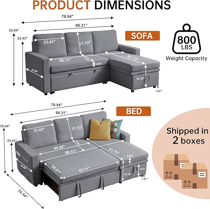 79 Sectional Sofa Couch L Shaped Sleeper Sofa Bed with Reversible Storage Chaise Side Pockets Durable Cushions Convertible Pull Out Bed Couch for Living Room Light Grey