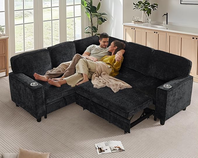81 L Shaped Sleeper Sofa Couch with Pull Out Sofa Bed Oversized Convertible Sleeper Bed with Storage USB Ports &amp Cup Holder Sectional Couches for Living Room (Charcoal Grey)
