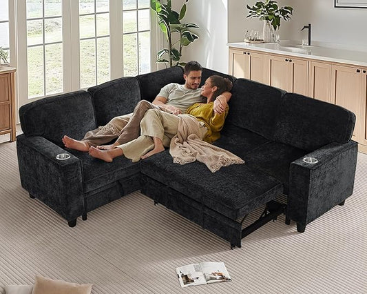 81 L Shaped Sleeper Sofa Couch with Pull Out Sofa Bed Oversized Convertible Sleeper Bed with Storage USB Ports &amp Cup Holder Sectional Couches for Living Room (Charcoal Grey)