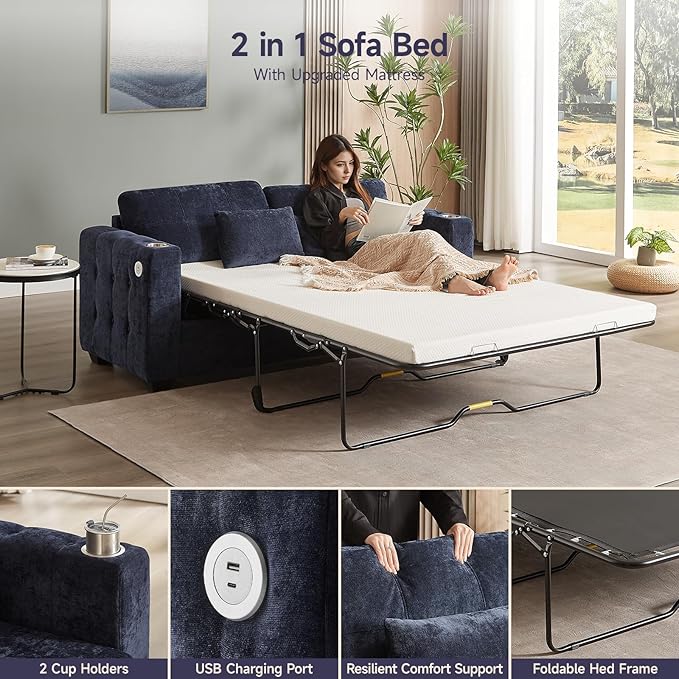 ONBRILL Pull Out Sofa Bed Chenille Full Size Sleeper Sofa Bed with Cup Holder and USB Port 76 inch Couch Bed with Memory Foam Button Tufting Loveseat Couch for Living Room Blue