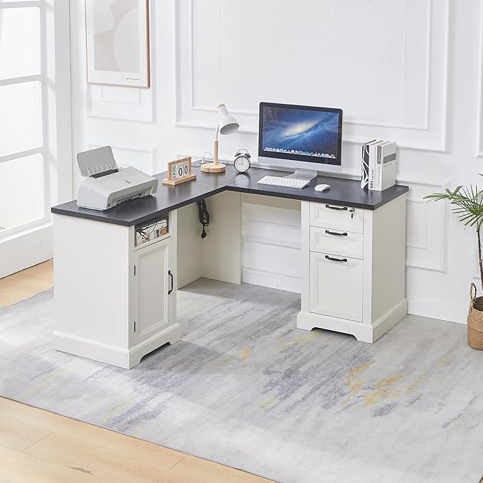 55” Farmhouse L Shaped Desk with Charging StationExecutive L Shaped Desk with Lockable Drawers and Storage Cabinet &amp Adjustable File CabinetWhite Corner Desk for Home Office