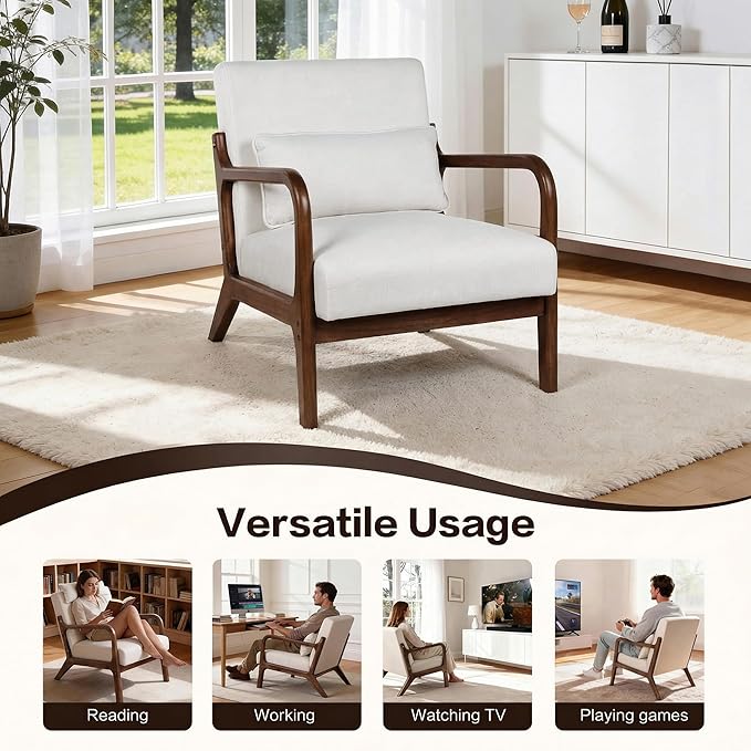 Mid Century Accent Chair Comfy Arm Chair with Solid Wood Frame Upholstered Modern Chair for Living Room Bedroom Waiting Room Beige