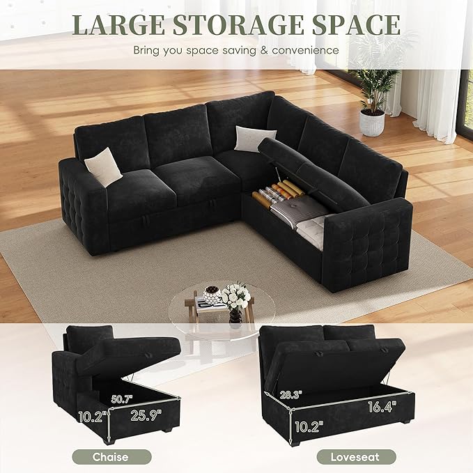86 Sectional Sleeper Sofa Bed Sleeper Couch with Pull out Bed L Shaped Couch with Storage Modular Sectional Sofa Sectional Couches for Living Room&ampApartment Convertible Sofas Black Couches