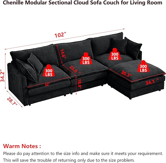 102 L-Shaped Sofa for Living RoomModular Sectional Cloud Sofa Couch with OttomanModern Chenille 3 Seater Sofas with Deep SeatSmall L Shaped Couches for Bedroom
