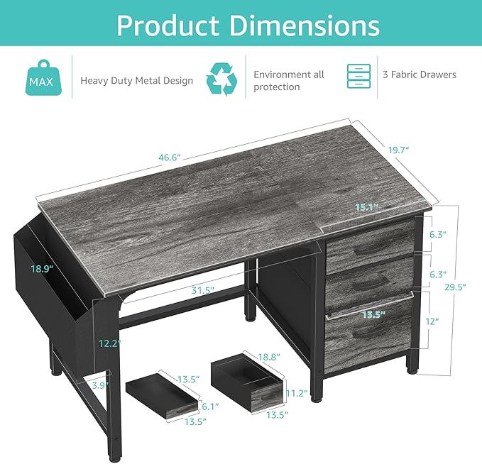 Lufeiya Computer Desk with File Drawers Cabinet 47 Inch Home Office Desks with Filing Cabinet for Small Space Gaming Study Writing Table PC Desks Gray
