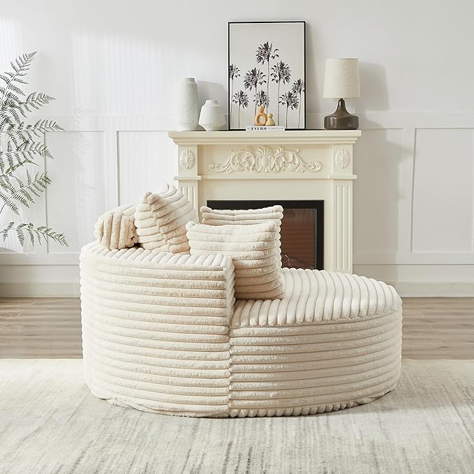 55 White Oversized Round Boneless Couch Sofa Corduroy Memory Foam Cloud Couches Lounge Chair Comfy Fluffy Single Sofa with 3 Pillows for Living Room Bedroom No Assembly Required (White)