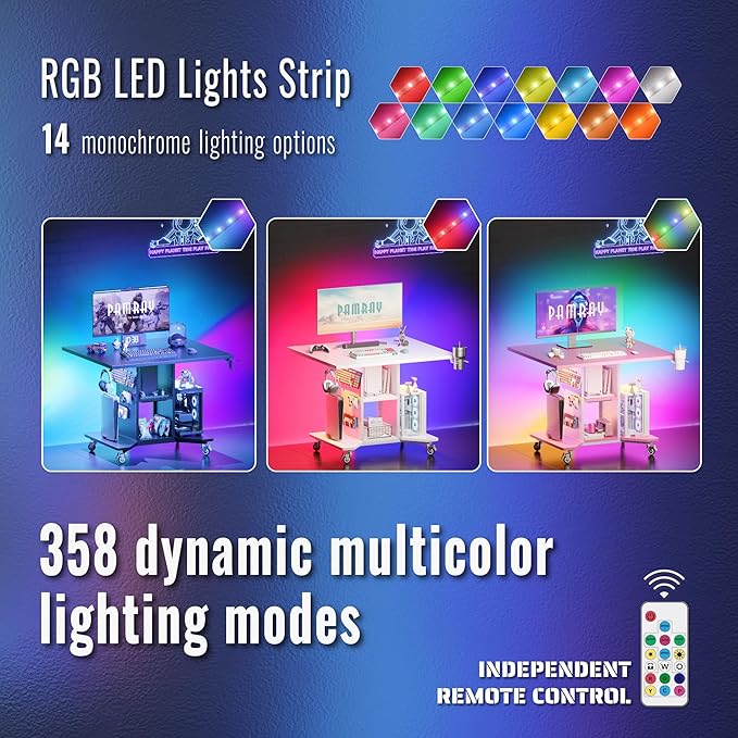 Pamray Small Rolling Gaming Desk with Led Lights Power Outlets and Storage Pegboard Small Spaces Compact PC Computer Table White
