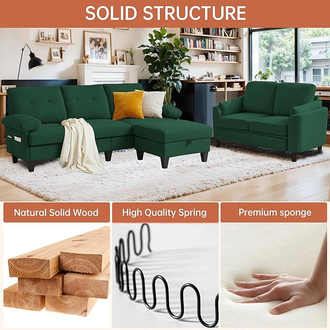 2 Pieces Sectional Sofa Set 79 3-Seat L Shaped Couches with Storage Ottoman and 59 Loveseat Sofa Set Polyester Fabric for Living Room Small Spaces Green