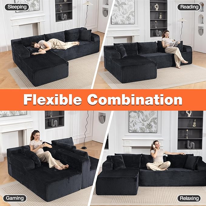 106” Cloud Modular Sectional Sofa with L-Shape Chaise and Deep Seat Corduroy Memory Foam Boneless Compressed Couch for Living Room No Assembly Required(Left Facing Chaise Dark Grey)