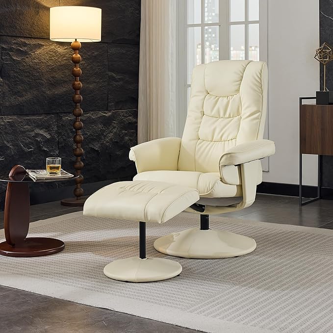 360° Swivel Office Chair with Ottoman Massage Lounge Chair with 5-Point Vibration &amp Heated Seat 140° Adjustable PU Leather Recliner for Living Room Home Theater or Office (Beige)