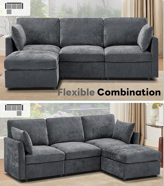 Tbfit Convertible L Shaped Couch Sectional Sofa for Living RoomChenille Cloud Couch with Ottoman 4 Seat (Grey)