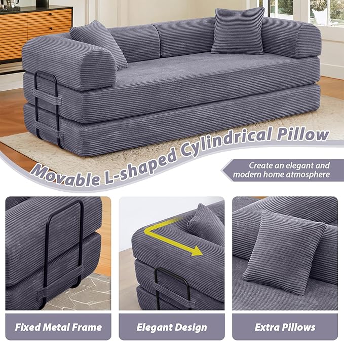 78 Convertible Sleeper Sofa Bed with Cylindrical Pillow Corduroy Folding Mattress Couch with Fixed Frame Floor Sofa Lounge Couch for Living Room Bedroom Apartment Dark Grey