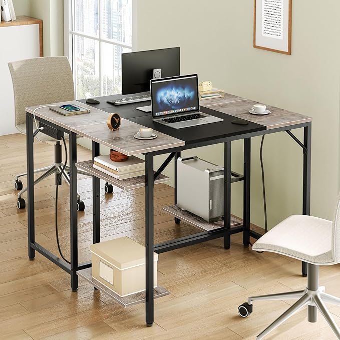 HOOBRO Computer Desk Home Office Desk with Power Outlet Writing Desk with 2 Shelves Modern Small Desk for Home Office Study Easy to Assemble Charcoal Gray and Black BG43UDN01