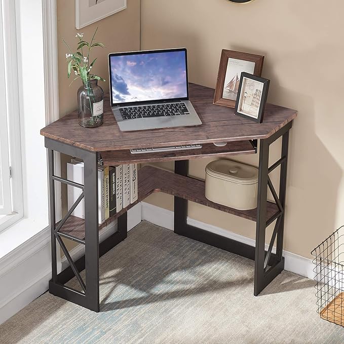 VECELO Corner Computer Desk 41 x 30 inches with Smooth Keyboard &amp Storage Shelves for Home Office WorkstationRustic Brown