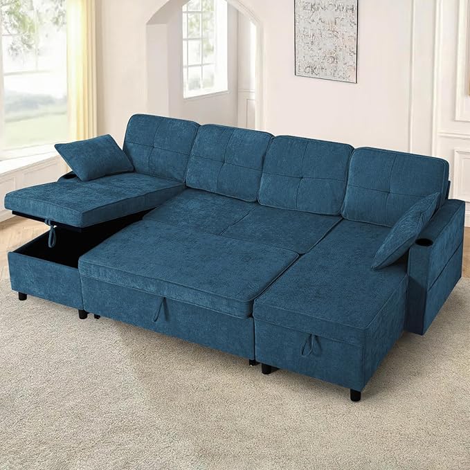 110 Inches U Shaped Sofa w/Adjustable Back &amp Pull-Out Sofa Bed Chenille Tufted Sectional Couch w/Storage Chaise &ampUSB Charging Port Modern Sleeper Couch w/Cup Holders for Living Room Blue