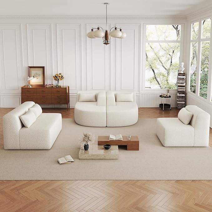 144 Modular Sectional Couch 5-Seat Cloud Sofa Compression Sofa with Two Chaise Lounge and 5 Back Pillows Boucle Fabric No Assembly Required Ideal for Living Room or Apartment Beige