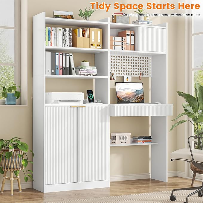63 Tall Computer Desk with Hutch Fluted Wood Computer Desk Featuring Charging Station Drawer and Storage Cabinet for Home Office Work and Study (White)