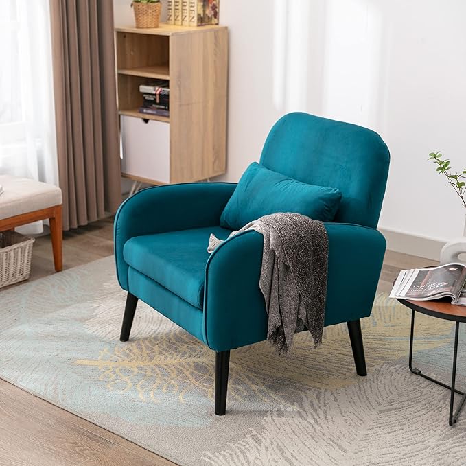Mid Century Modern Accent ChairSingle Sofa Chair with Solid Wood Legs Comfy Fabric Upholstered Reading Armchair with A Soft Cushionfor Living Room BedroomApartmentOffice (Teal)